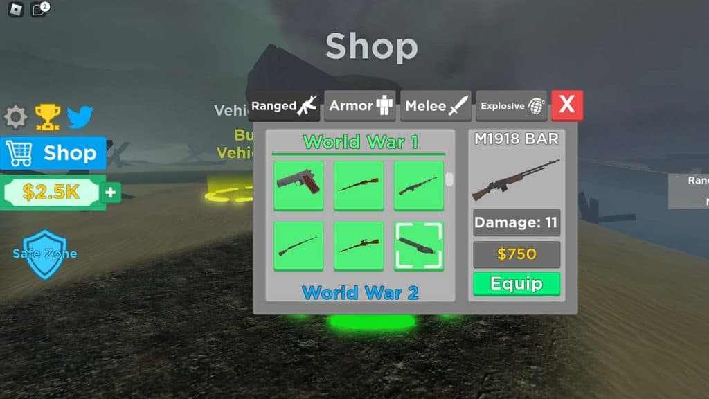 Shop featuring various guns in War Simulator