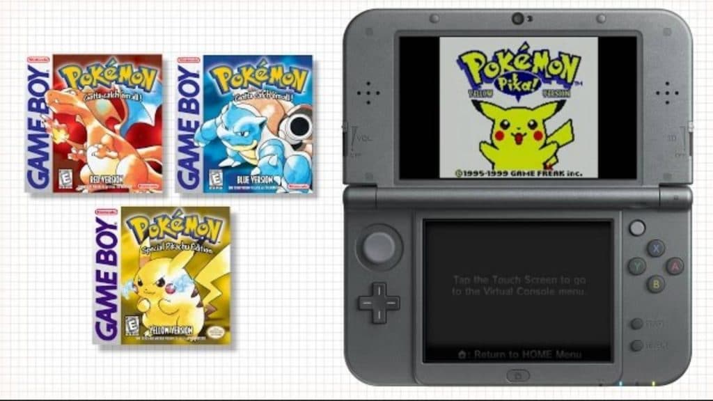 A Nintendo 3DS is on the right side of the image, while Pokemon red, Blue, and Yellow are on the left