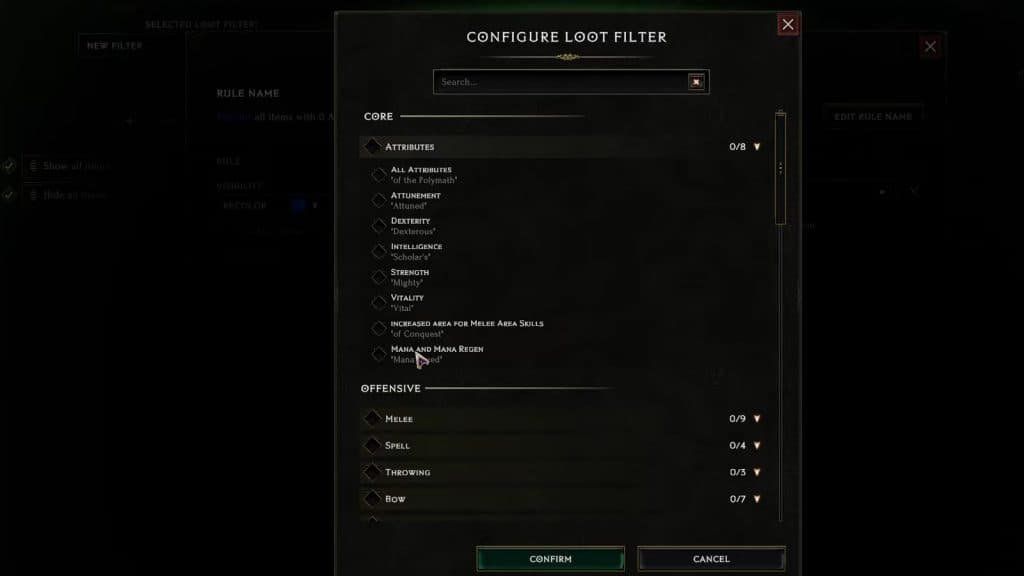 The Loot Filter screen in Last Epoch showing the Affix option