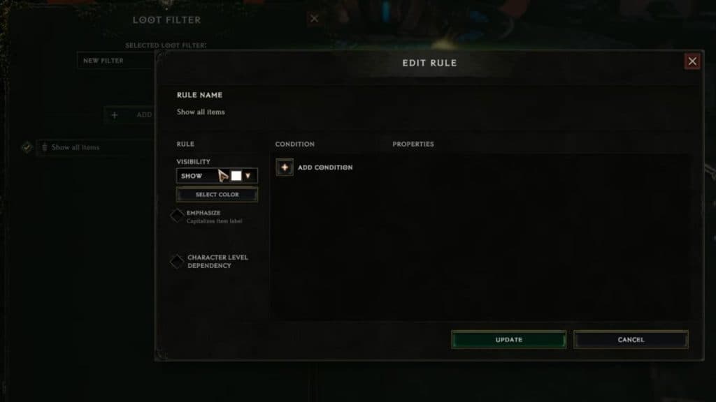 Editing rules in Last Epoch's Loot Filter interface