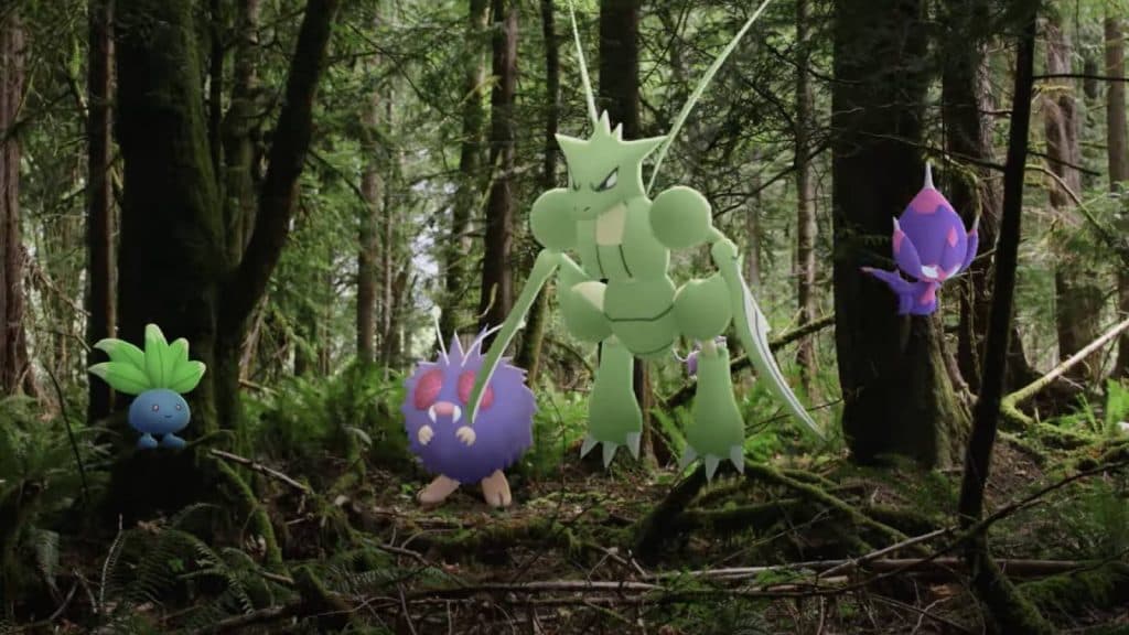 A forest is visible with several Pokemon exploring it