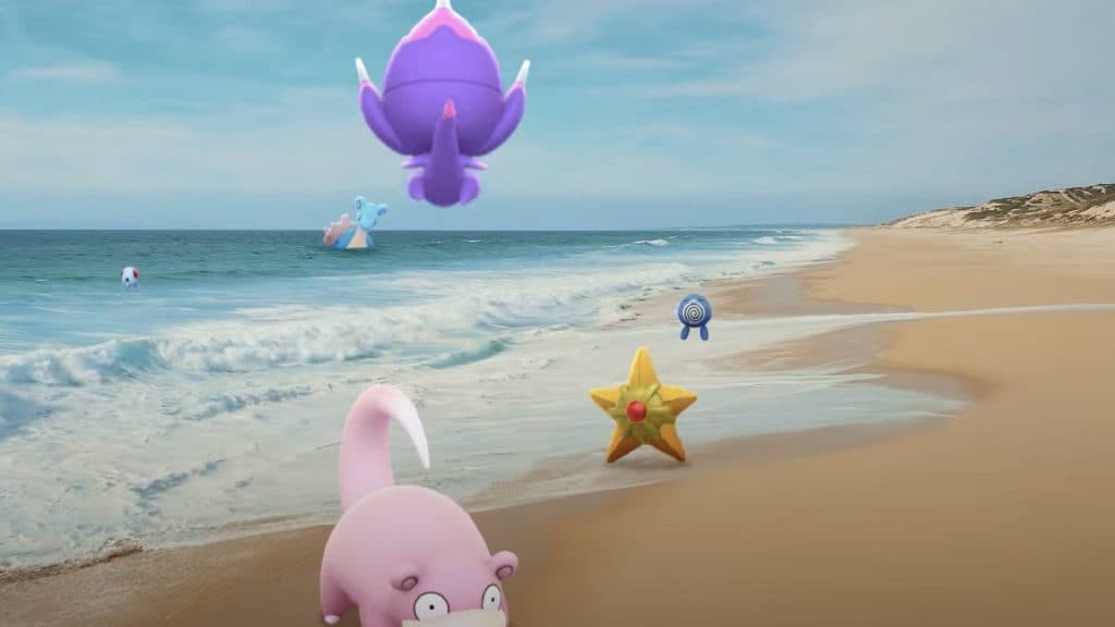 Poipole runs across a beach with several Pokemon