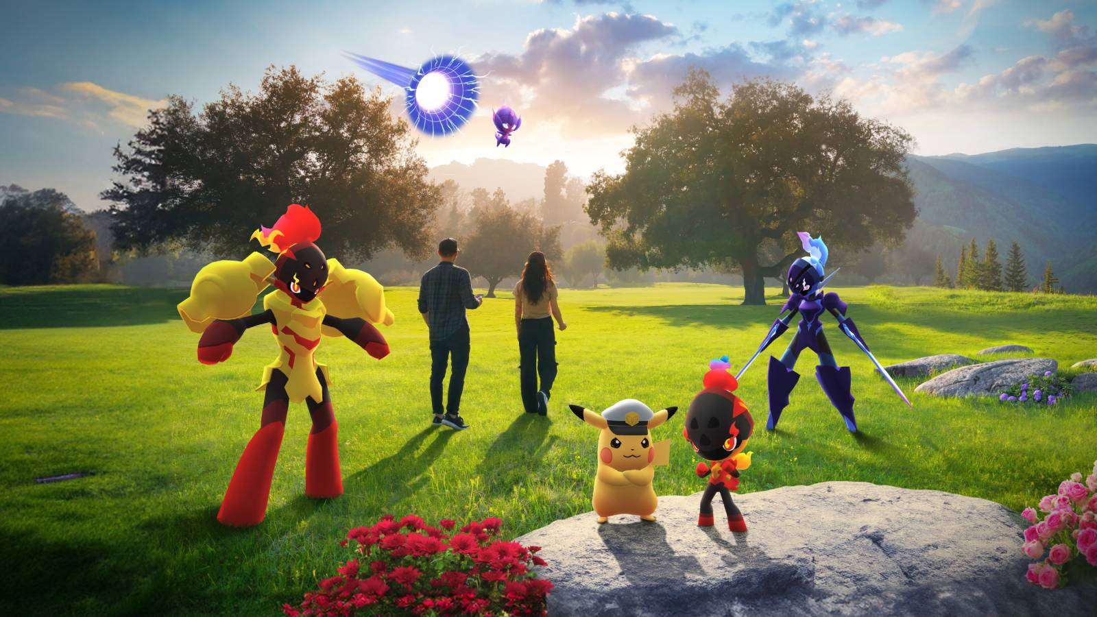 Pokemon Go key art shows Captain Pikachu, Charcadet, Poipole, and several other Pokemon standing in a green field