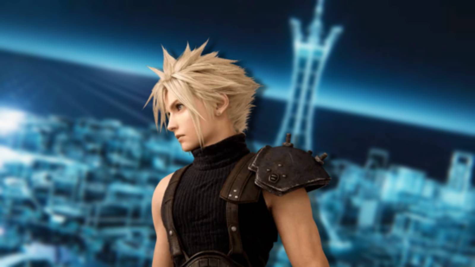 Final Fantasy VII character Cloud appears against a blurred image of Pokemon's Lumiose City