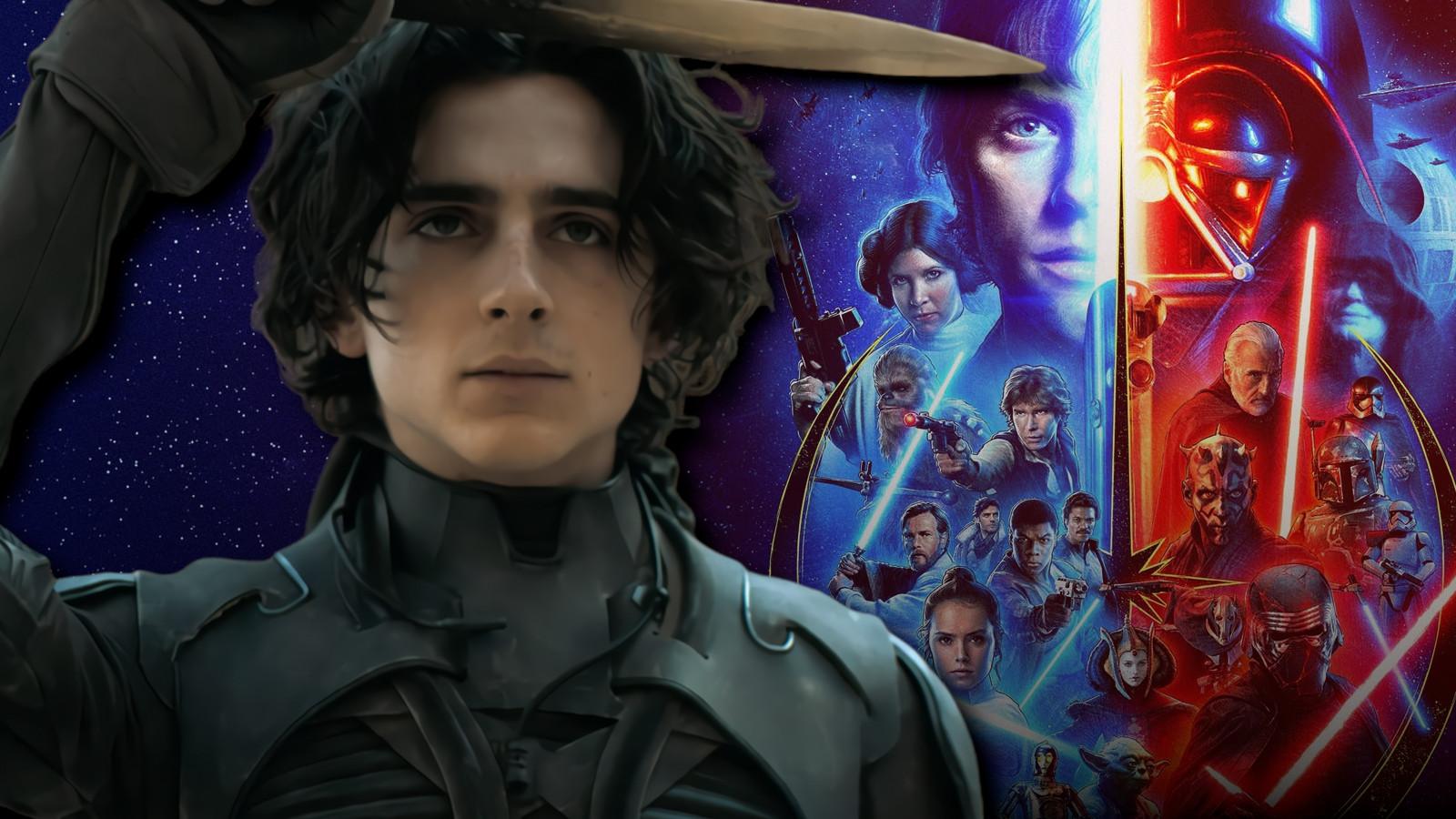 Paul Atreides (Timothee Chalamet) from Dune with the Star Wars cast behind ihim.