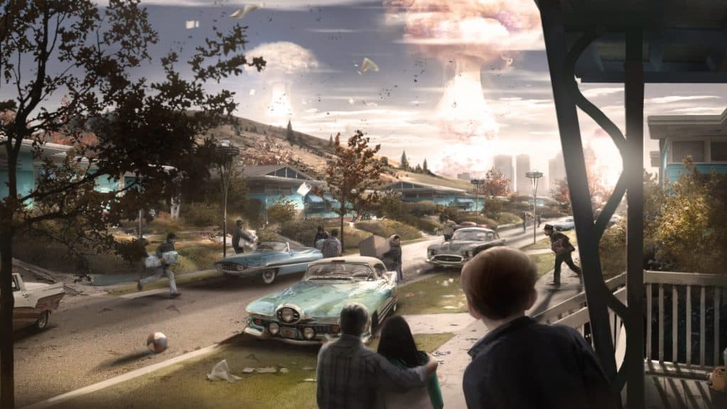 An image of Fallout 4 cutscene featuring an explosion.