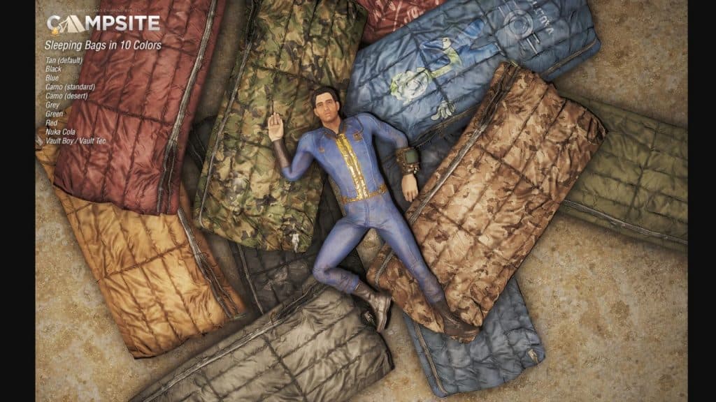 An image of the Campside mod featuring the player with sleeping bags in Fallout 4.
