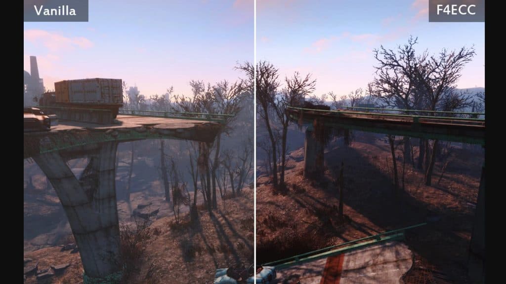 An image of the enhanced color correction mod comparison to vanilla Fallout 4.