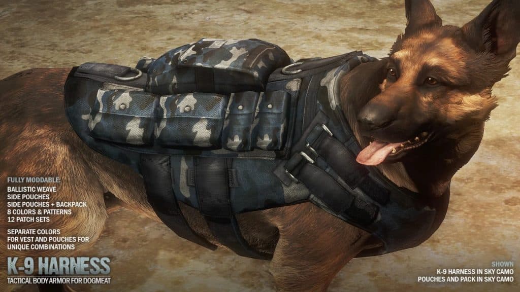 An image of Dogmeat with the k-9 harness in Fallout 4.