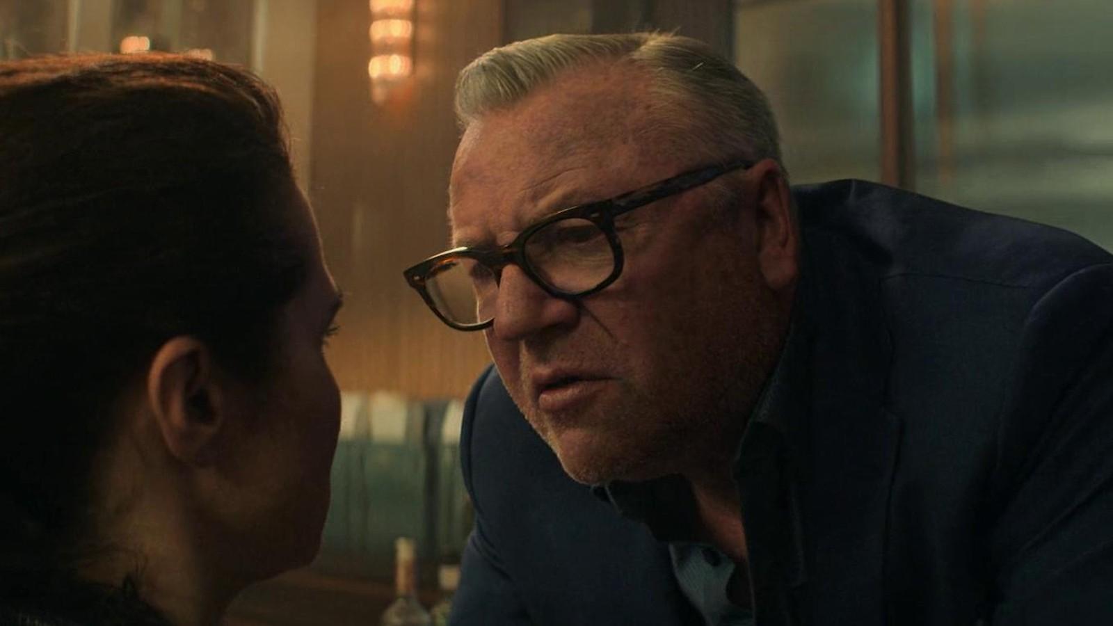Ray Winstone getting up close and personal with Black Widow.