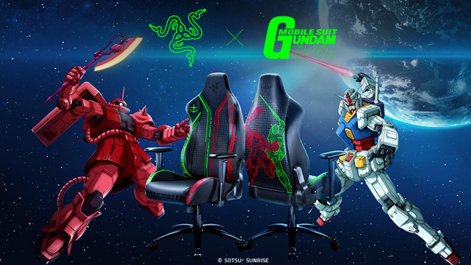 Razer chair with Gundam and Zaku on earth backdrop