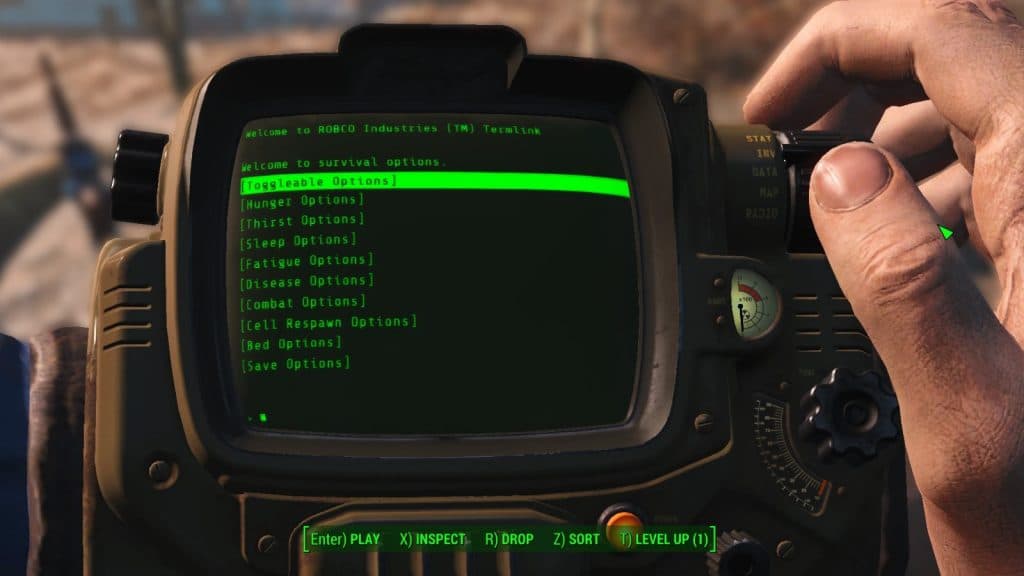 An image of the pip boy using the survival options mod.
