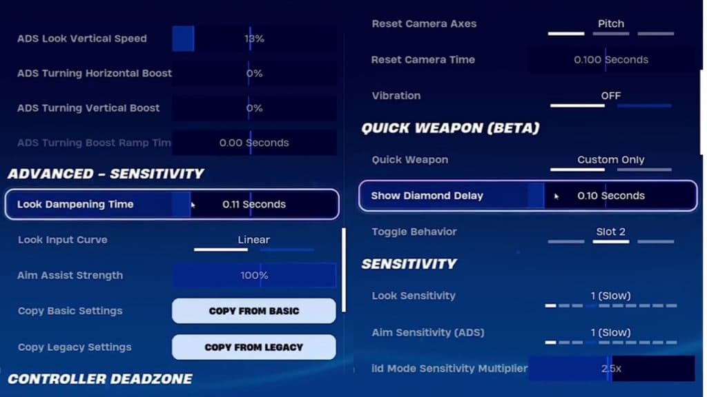 Controller settings for strong aim assist in Fortnite Chapter 5.