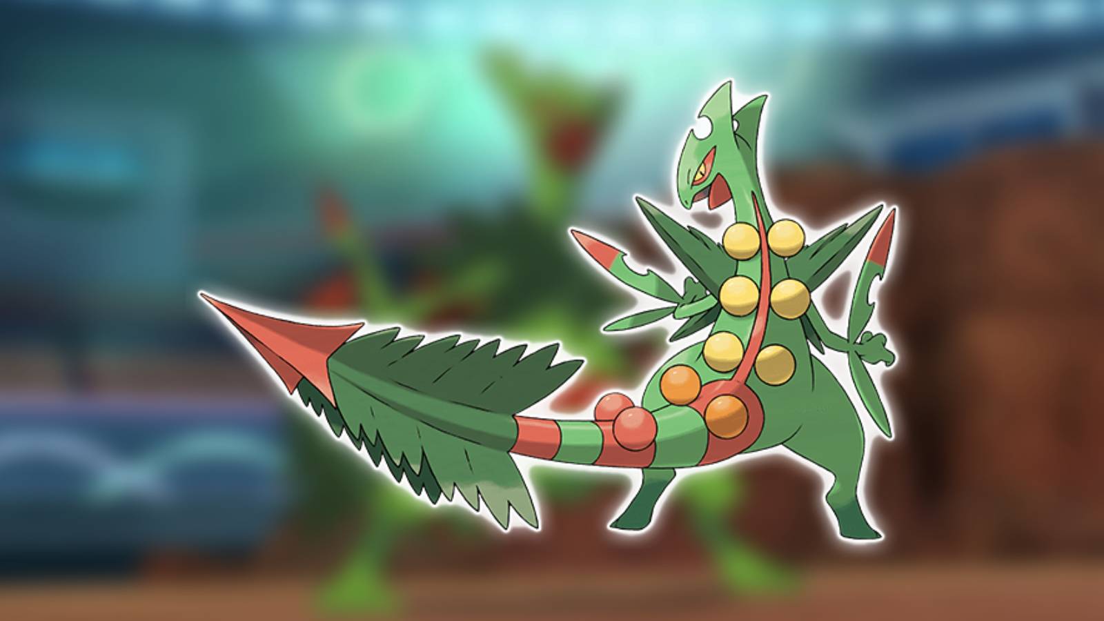The Pokemon Mega Sceptile appears against a blurred background