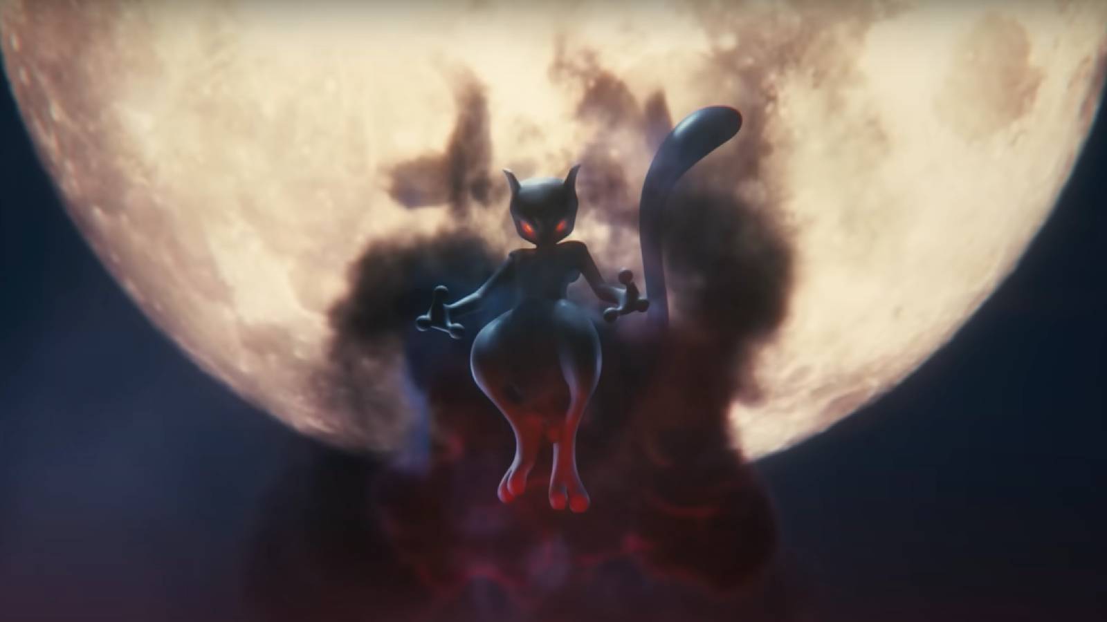 The Pokemon Shadow Mewtwo appears in front of the moon, shrouded in a dark cloud