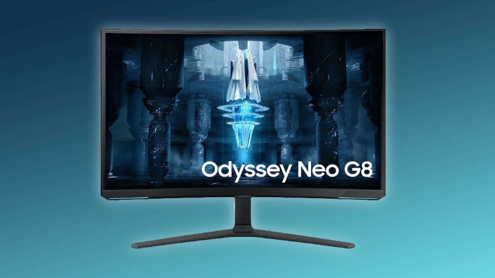 Image of the SAMSUNG 32" Odyssey Neo G8 4K UHD 240Hz 1ms G-Sync 1000R Curved Gaming Monitor on a blue and dark blue background.