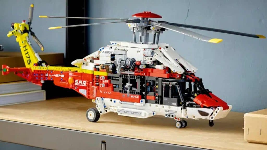 The LEGO Technic Airbus H175 Rescue Helicopter on display