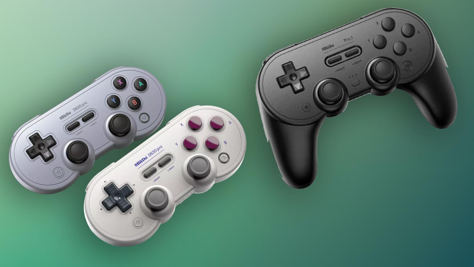 8BitDo hall effect controllers on a green gradient background