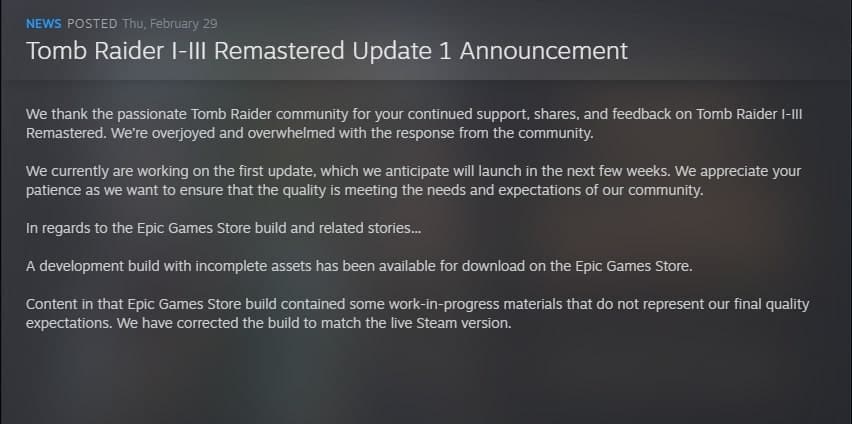 Tomb Raider Remastered update announcement