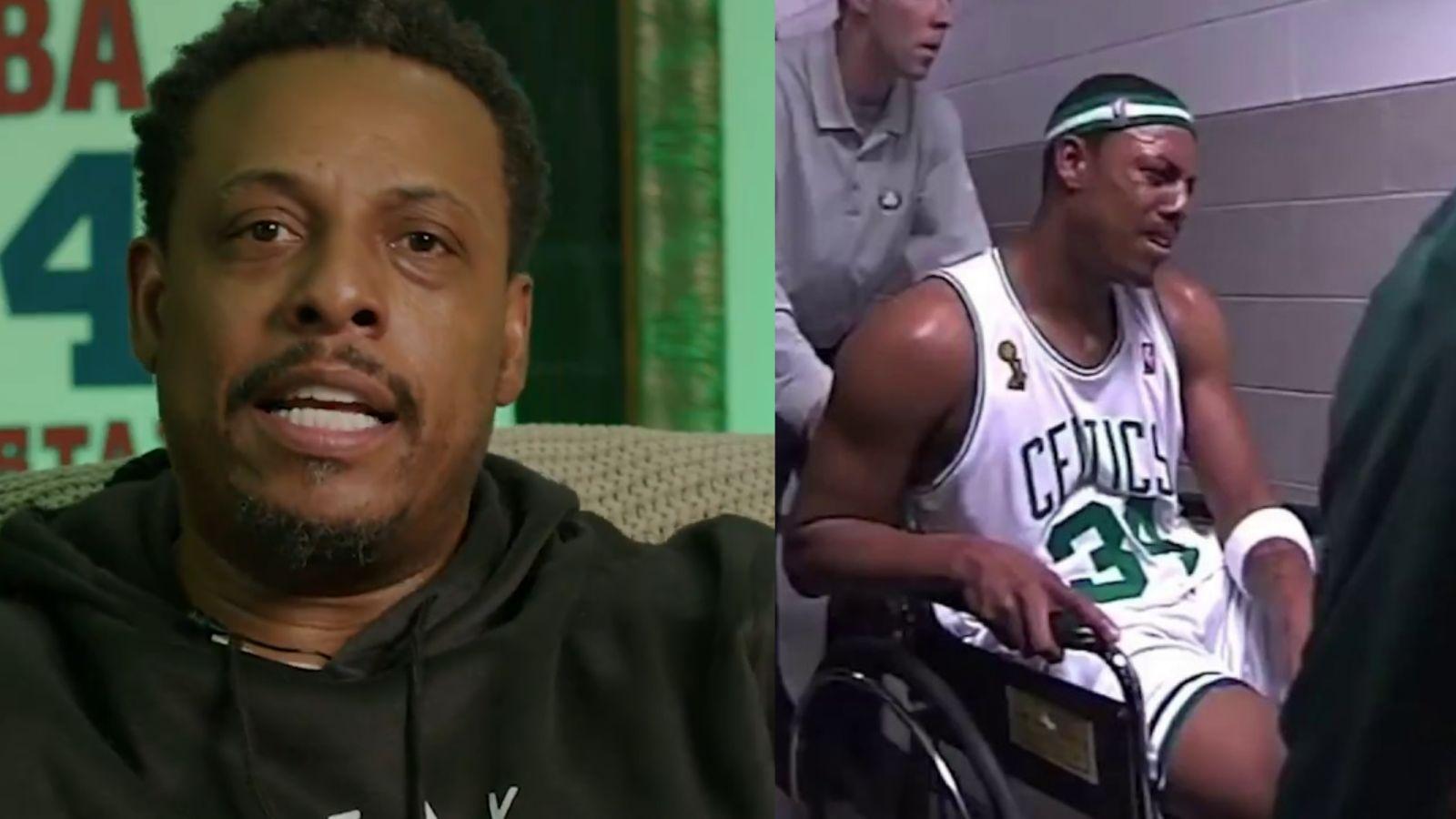 Paul Pierce on the set of "All the Smoke" (left) and in the tunnel during Game 1 of the 2008 NBA Finals (right).