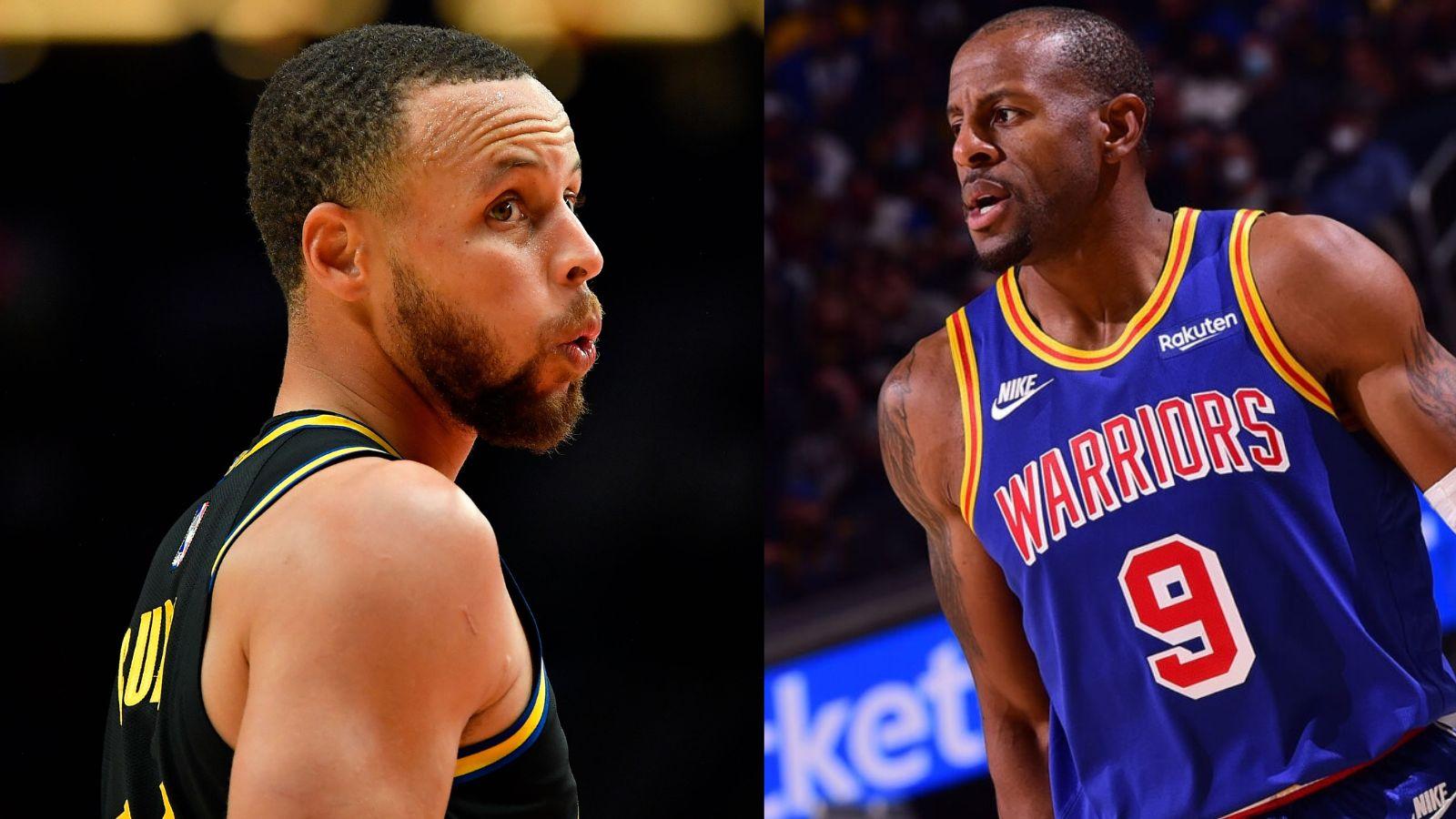 Stephen Curry (left) and Andre Iguodala (right) as members of the Golden State Warriors.