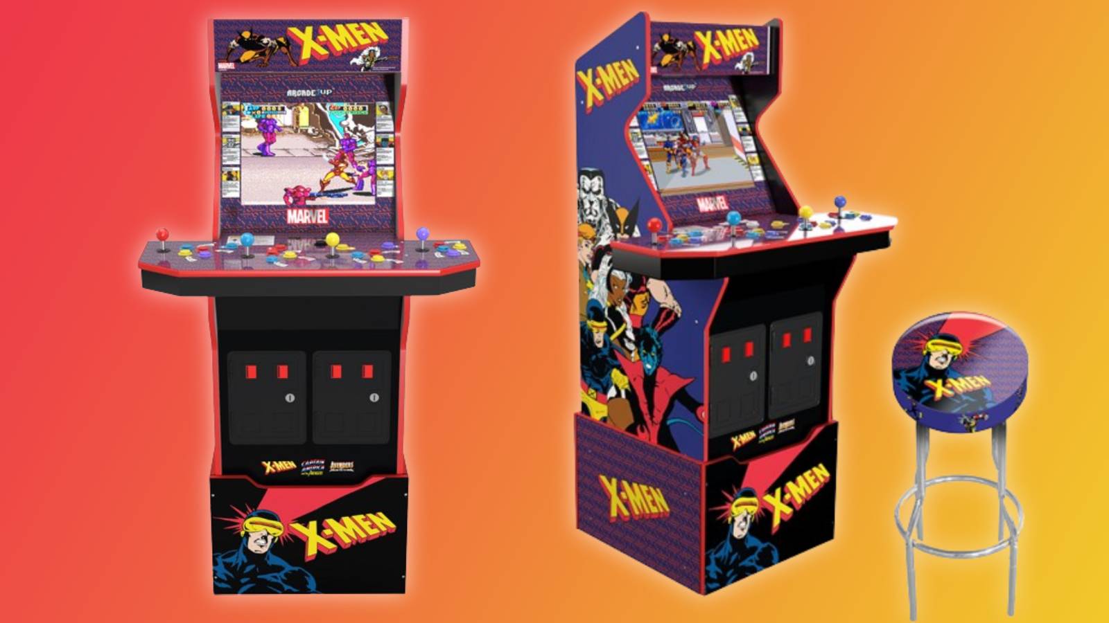 Image of the Arcade1Up - X-Men Arcade with Stool, Riser, Lit Deck & Lit Marquee.