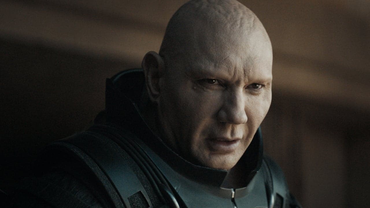 Dave Bautista in Dune. He has an intense look on his face.