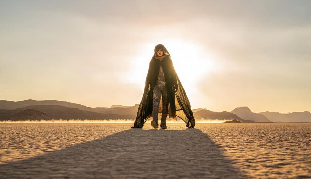 Timothee Chalamet as Paul Atreides in Dune 2 walks ion Arrakis. The sun is setting behind his silhouette.