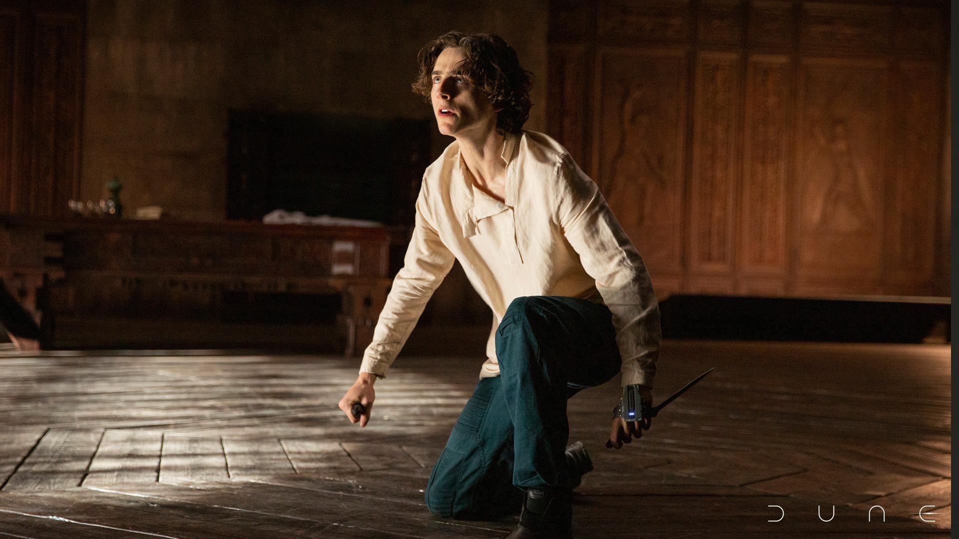 Timothee Chalamet as Paul Atreides in Dune. He is bending down on one knee on the floor.