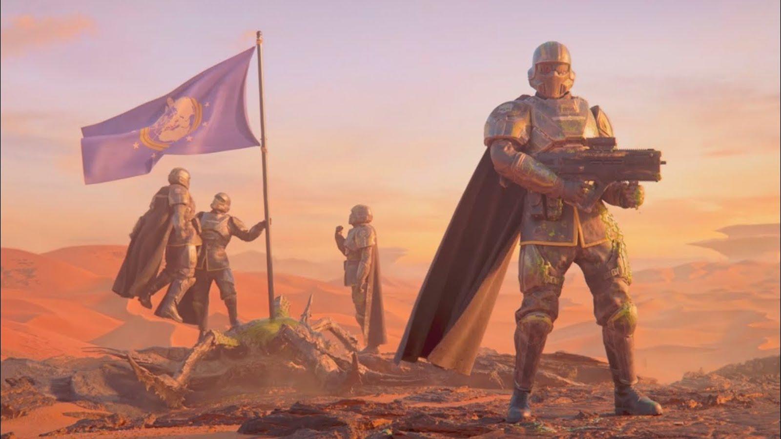 Helldivers 2 character raising flag with one posing in foreground