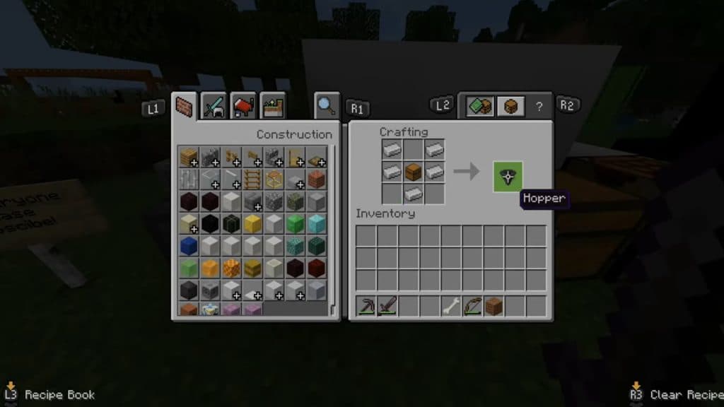 image showing hopper recipe in minecraft
