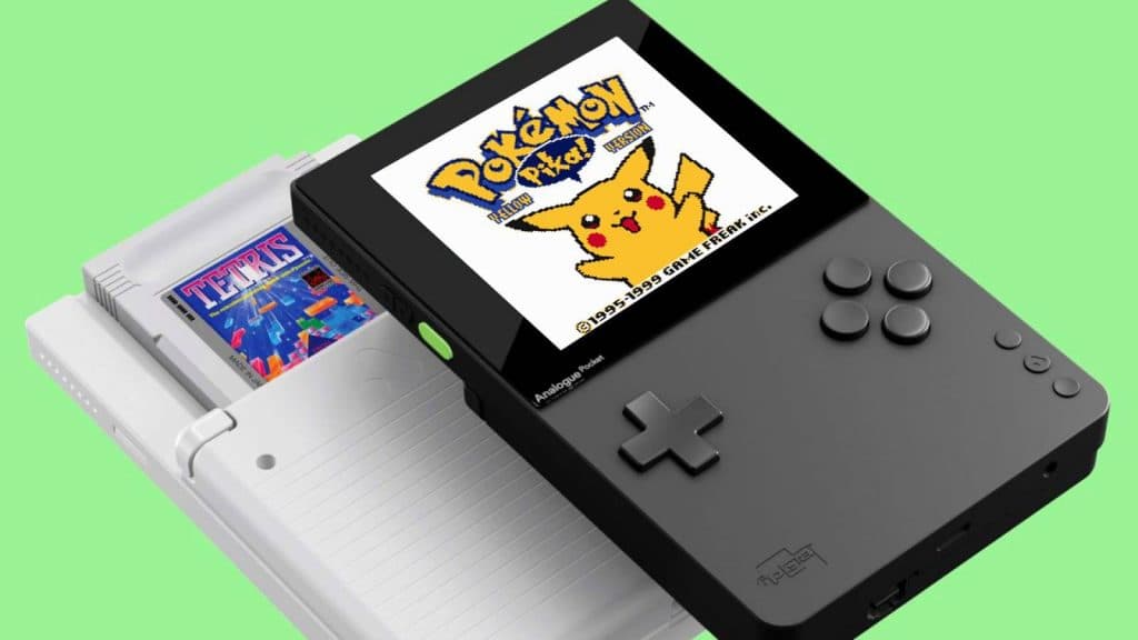 Two Analog Pocket consoles are visible, with out having Pokemon Yellow on the screen