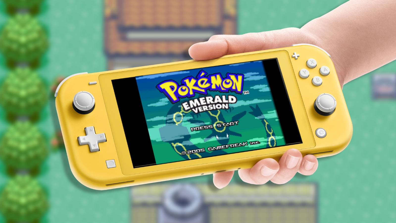 A yellow Nintendo Switch Lite is visible with Pokemon Emerald on the screen