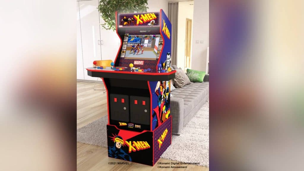Image of the Arcade1Up - X-Men Arcade with Stool, Riser, Lit Deck & Lit Marquee.