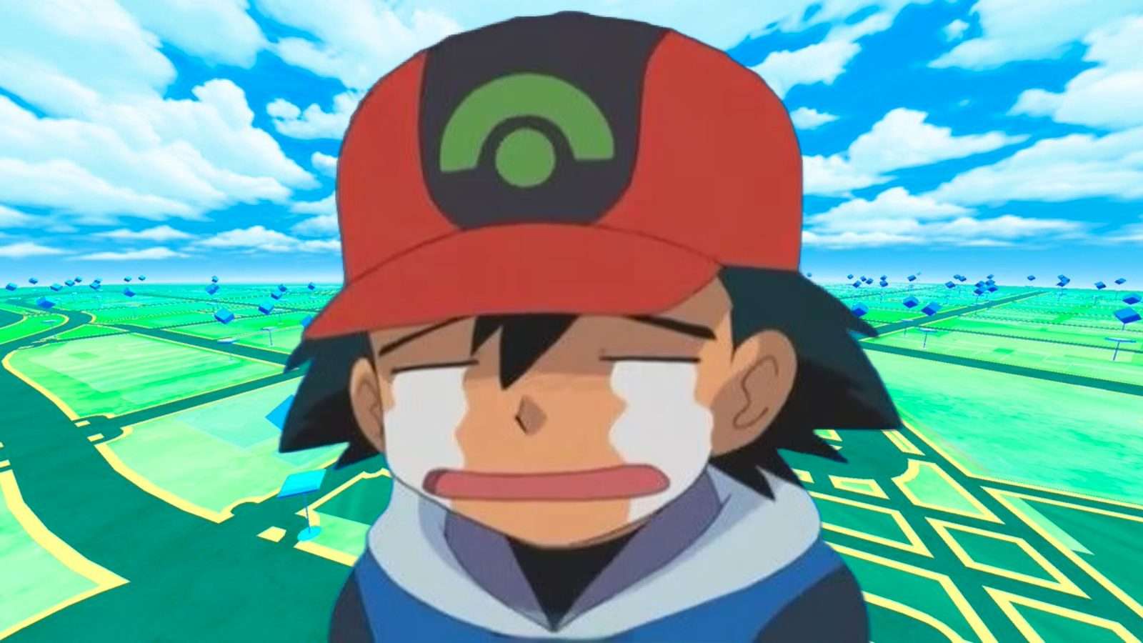 Ash Ketchum crying with a Pokemon Go background.