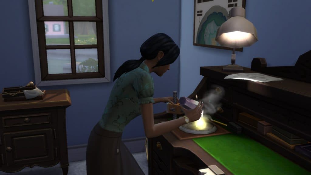 A screenshot featuring a Sim crafting a Jewelry from The Sims 4 Crystal Creations stuff pack.