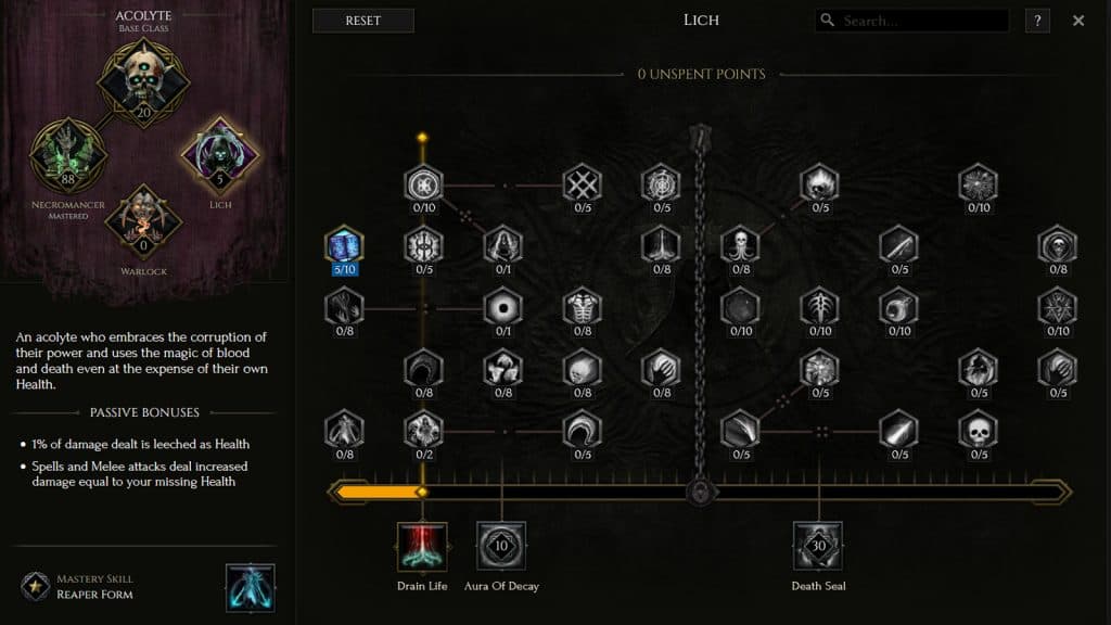 Passive ability choices on the Lich Mastery tree for the Necromancer in Last Epoch