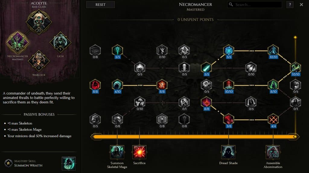 Passive ability choices for the Necromancer Mastery in Last Epoch