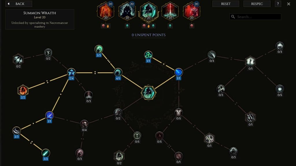 Summon Wraith skill tree for the Necromancer in Last Epoch