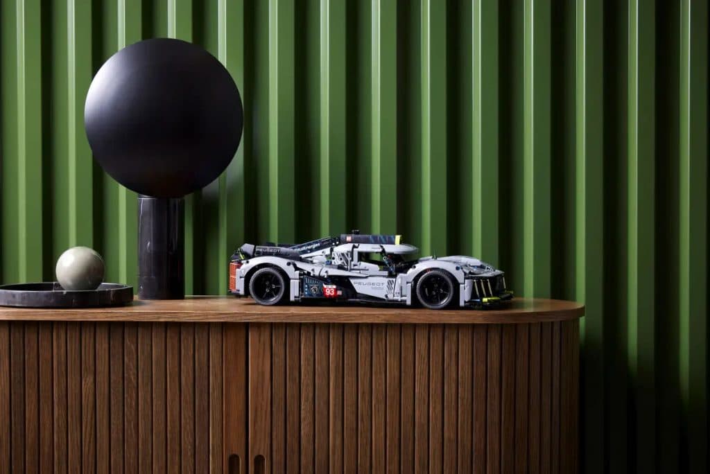 The LEGO Technic Peugeot 9X8 24H Le Mans Hybrid Hypercar on display