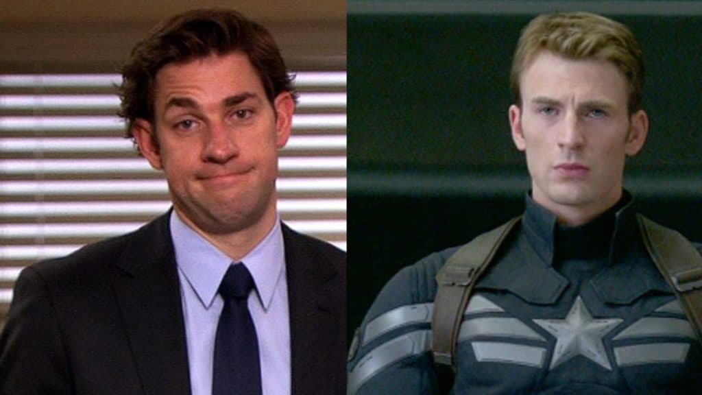 John Krasinski in The Office and Chris Evans in Captain America: The Winter Solider