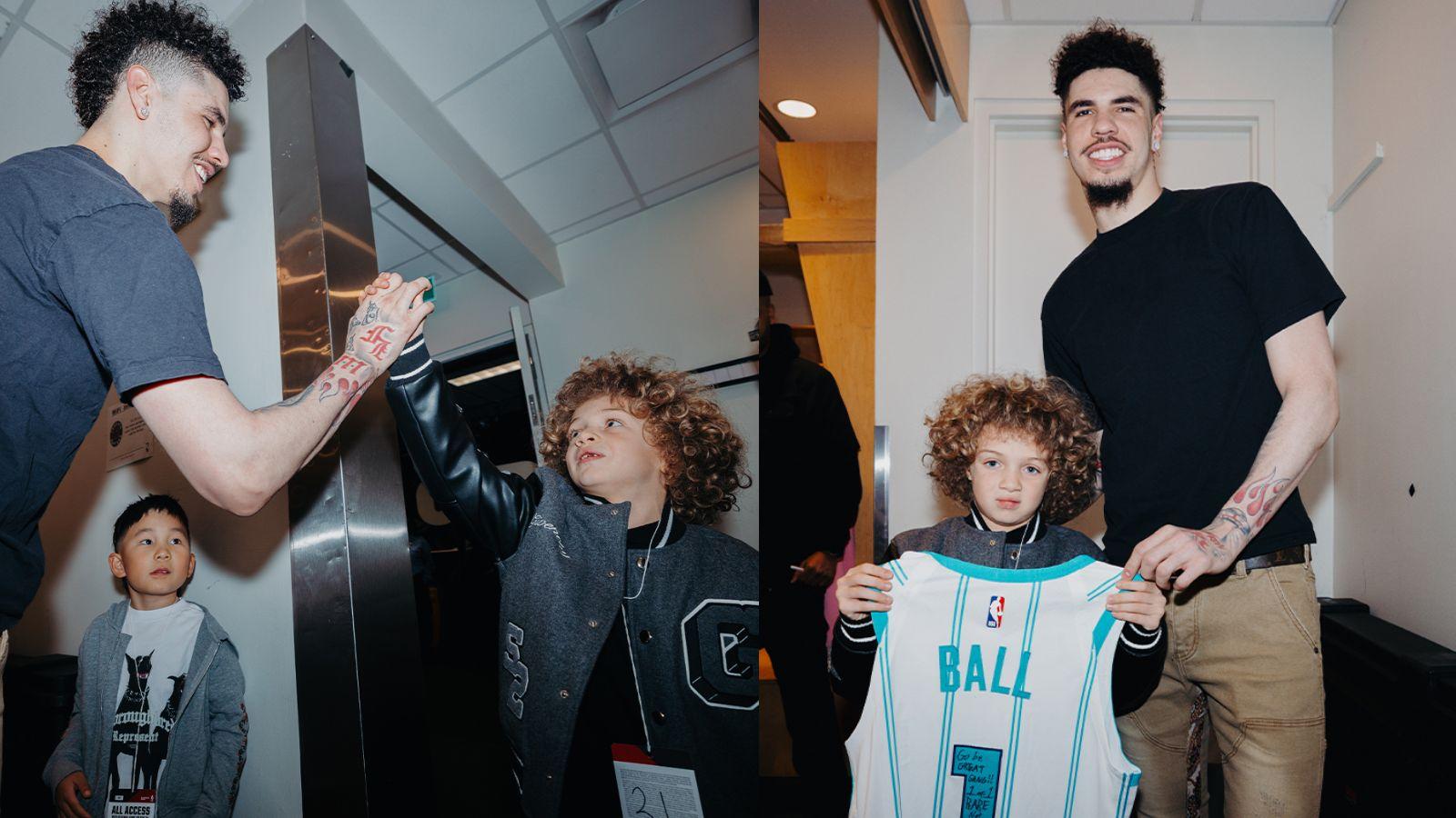 LaMelo Ball and Adonis Graham in the Charlotte Hornets locker room.
