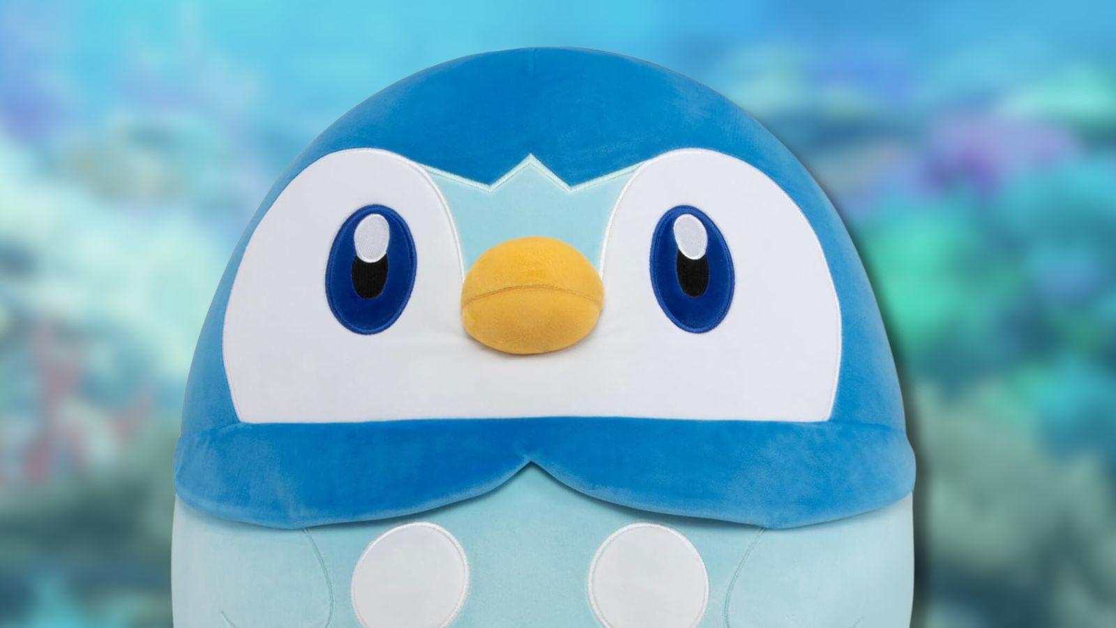 Piplup Squishmallow with ocean background.