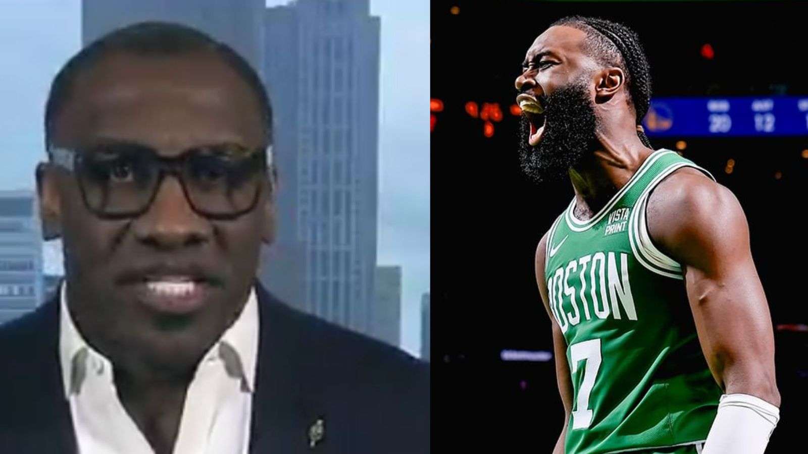 Shannon Sharpe on First Take 3/4/2024 (left) and Jaylen Brown playing for the Boston Celtics (right).