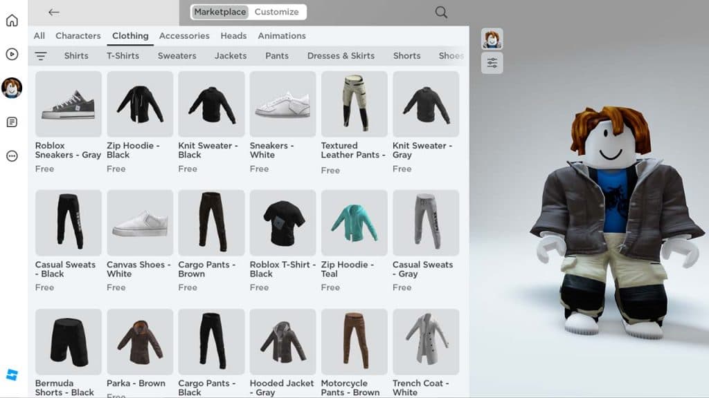 Roblox marketplace with many shirts and clothes