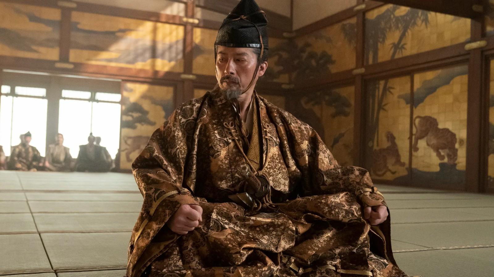 Hiroyuki Sanada as Lord Yoshii Toranaga in Shogun, sitting on the floor.