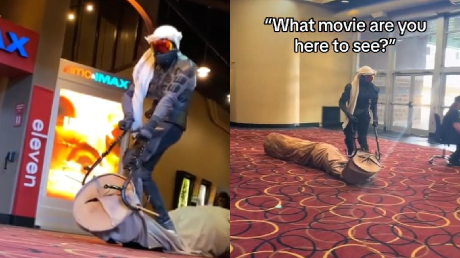 dune 2 cosplayer rides sandworm in cinema