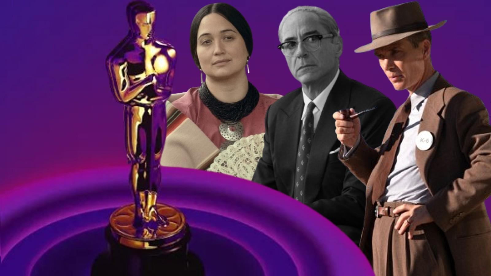 The poster for the 2024 Oscars and Lily Gladstone, Robert Downey Jr and Cillian Murphy