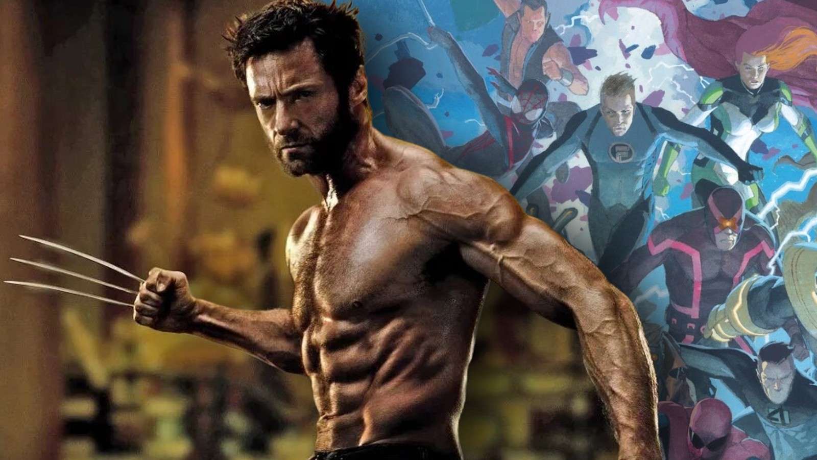 Hugh Jackman as Wolverine and a comic cover for Secret Wars