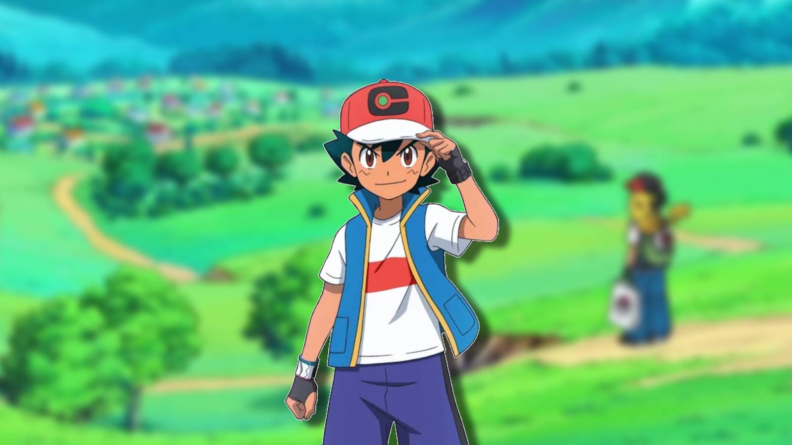 Ash Ketchum stands in a remote area, against a blurred background